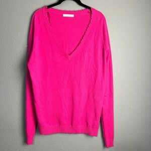 SIX/FIFTY Andrea Hot Pink V-Neck Sweater Frayed Raw Hem Trim Long SL Knit Size L